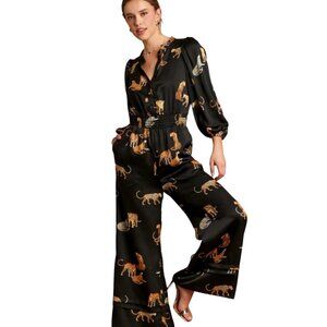 Umgee My Wildest Dreams Leopard Jumpsuit Size Small Black Wide Leg Cheetah Satin